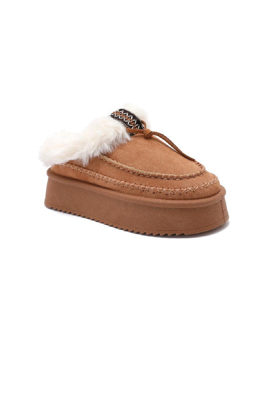 Women's Camel Faux Fur Lined Winter Warm Slip On Boots