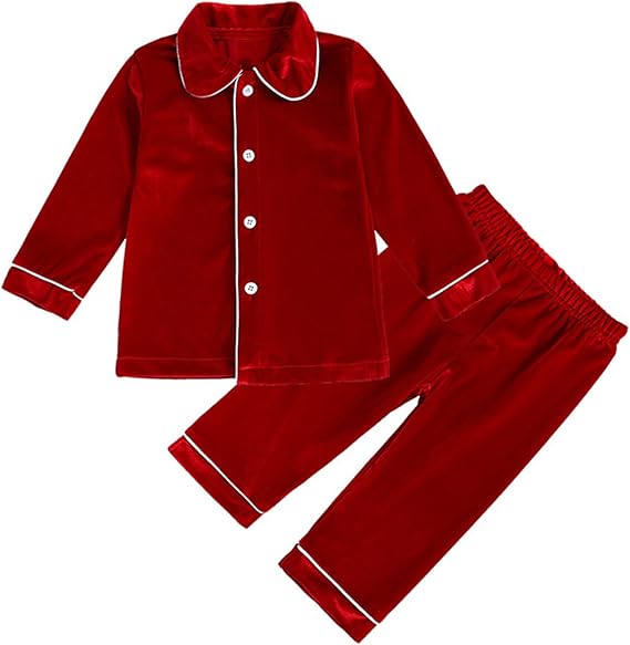 Boys & Girls Red Velour Piped Christmas Pyjamas Set- Ages 2 to 10