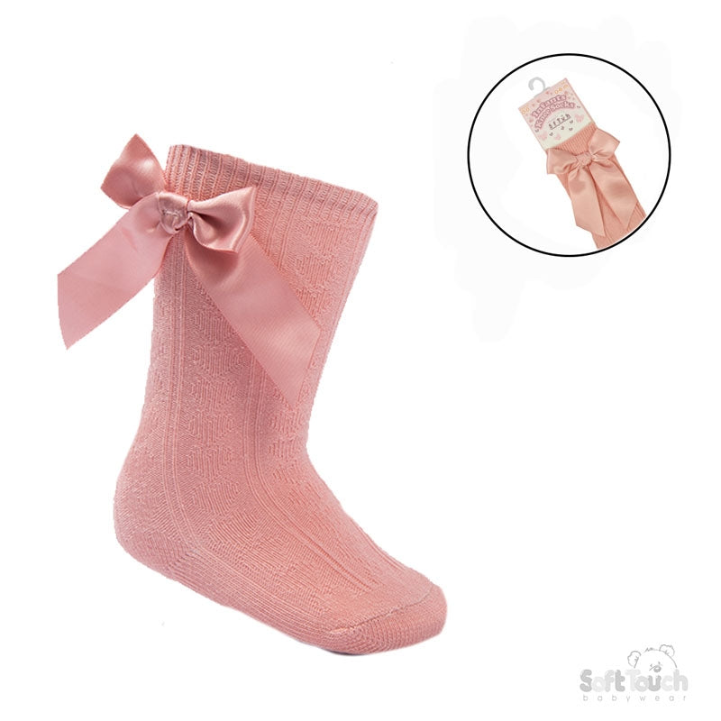 Girls Knee High Bow Socks 0-24 Months- Shoe Size 0 to 5 1/2- Rose Pink