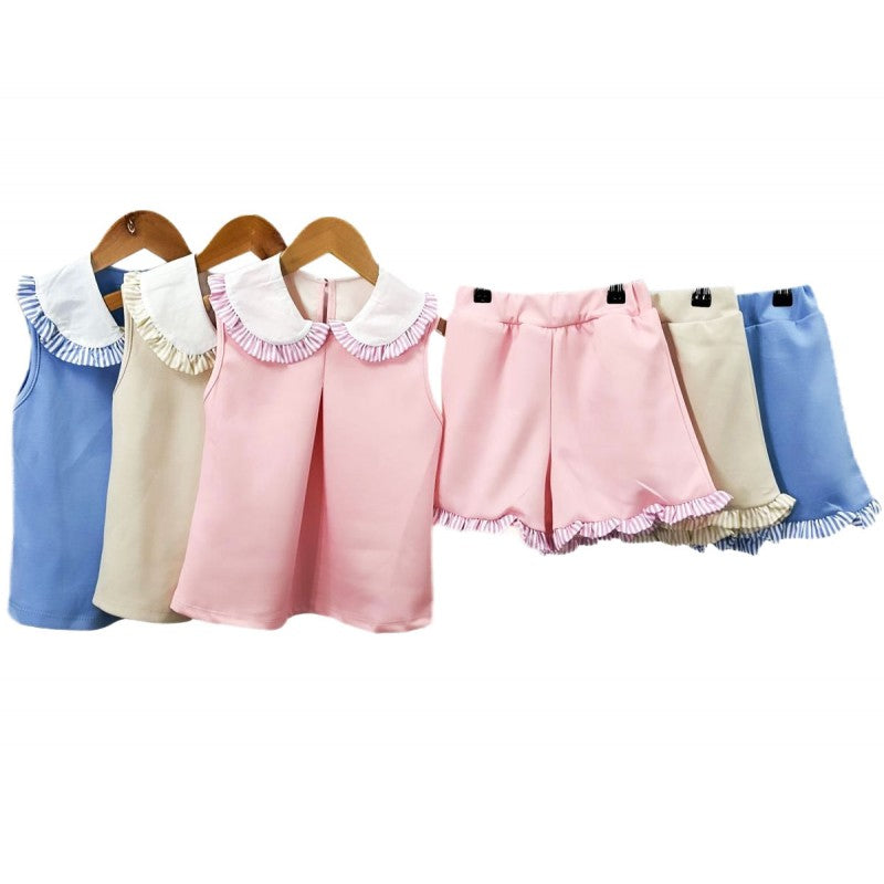 Girls Sleeveless Top With Collar & Shorts Set- Beige, Sky Blue, Pink
