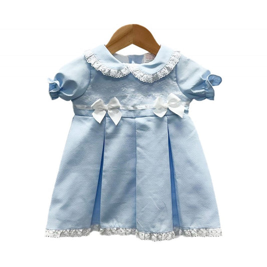 Baby Girl's Short Sleeve Pleated Bow Dress With Lace Trim- Pink or Sky Blue