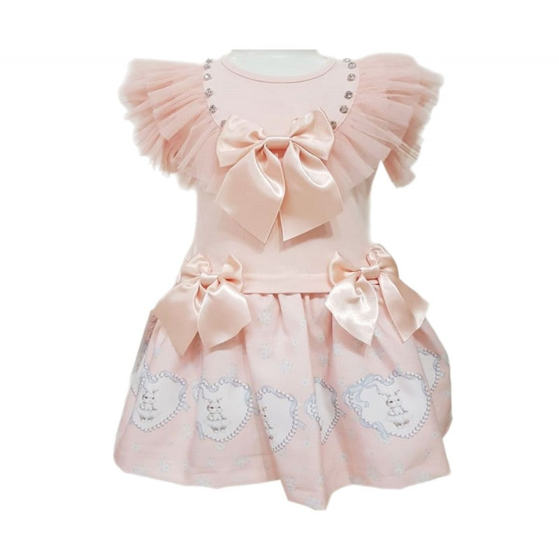 Girls Short Sleeve Bow Dress With Bunny Print & Diamante Detailing- Peach