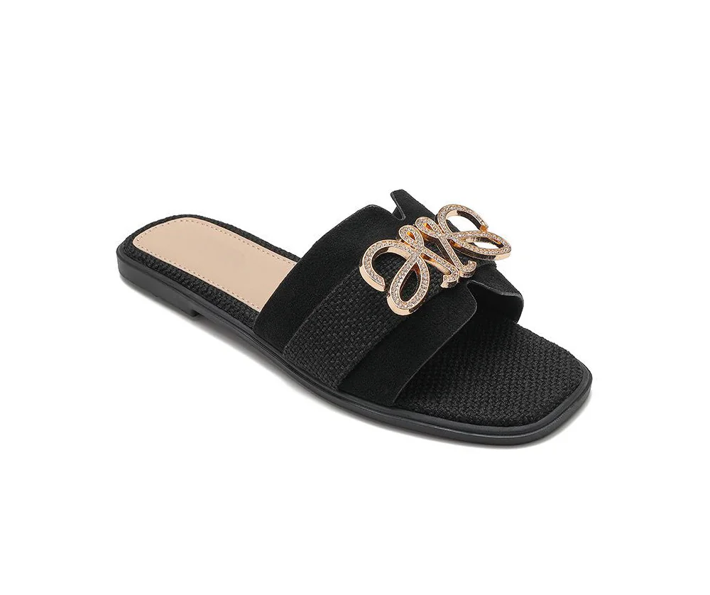 Womens Black Slip On Diamnate Trim Flat Sliders Summer Sandals