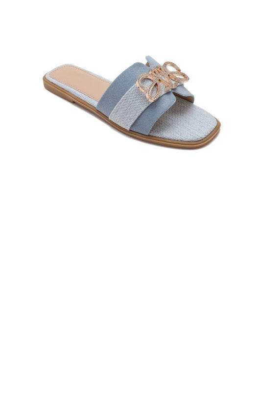 Women's Denim Slip On Diamante Trim Flat Sliders Summer Sandals