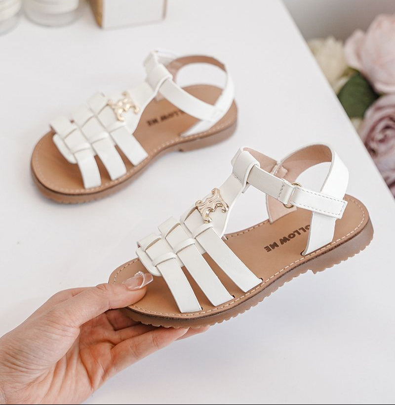 Girls Follow Me Strappy Sandal With Gold Buckle- Black, White, Gold