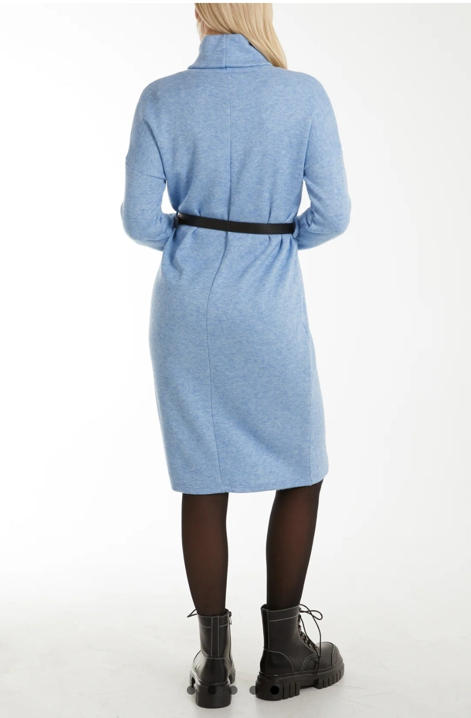Womens Baby Blue Jumper Dress With Black Belt