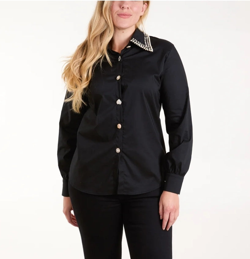 Womens Black Shirt With Crystals And Crystal Buttons