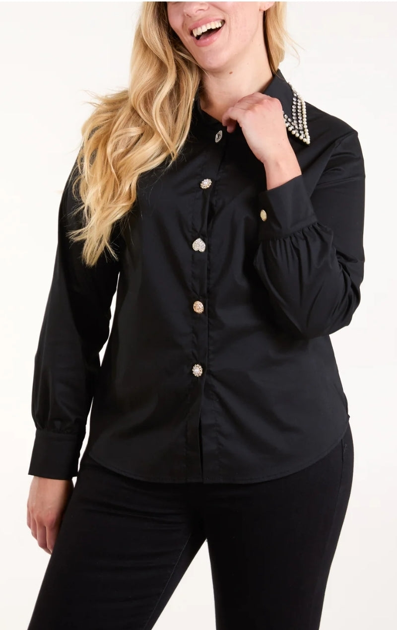 Womens Black Shirt With Crystals And Crystal Buttons