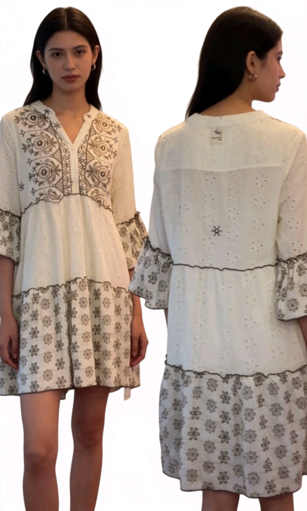 Women's Short Boho Dress- White With Either Black or Gold Trim- One Size