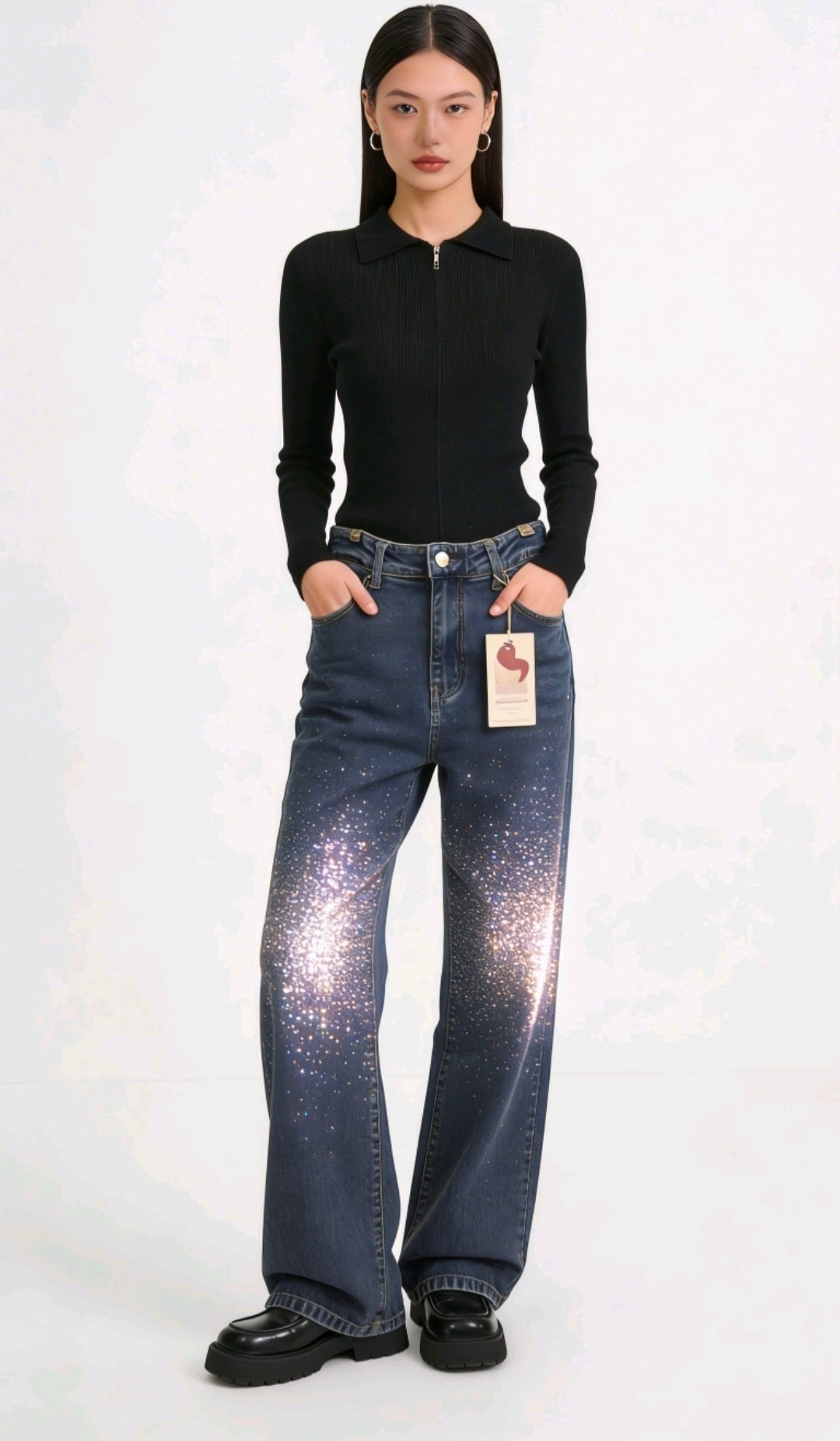 Womens Wide Leg Sparkle Jeans With Diamanté Detail