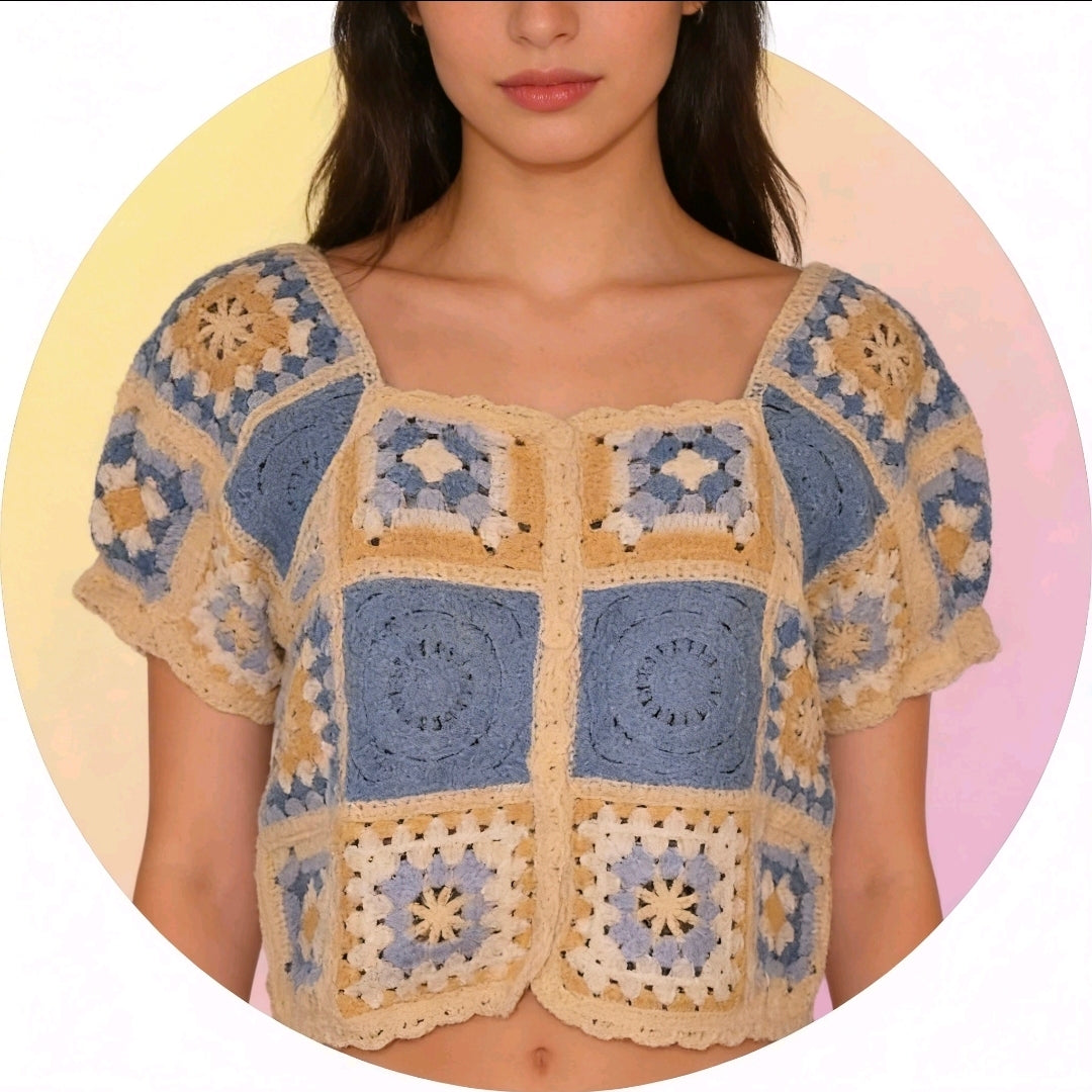 Women's Crochet Sky Blue And Beige Cardigan.