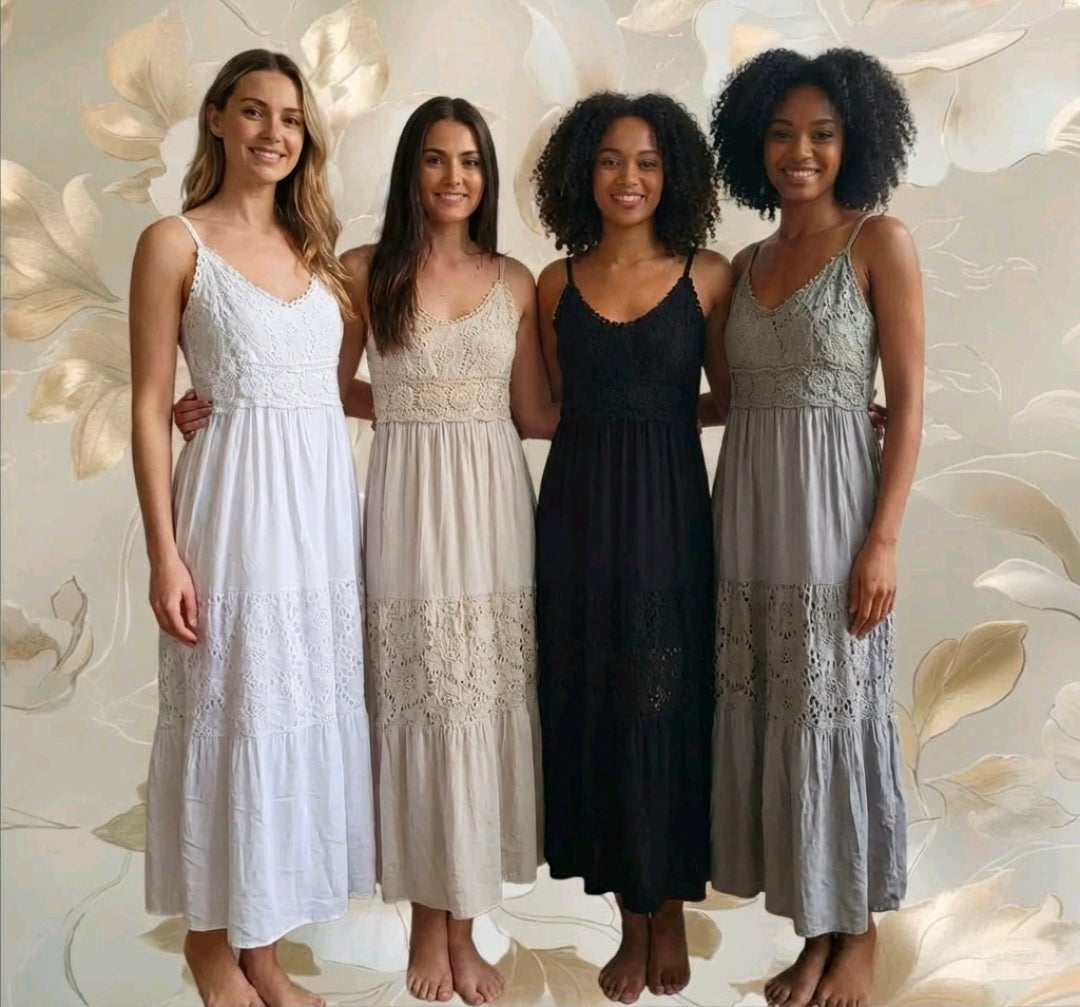 Women's Strappy Linen Broderie Anglaise Summer Dress Flower Detail Pattern Top - One Size