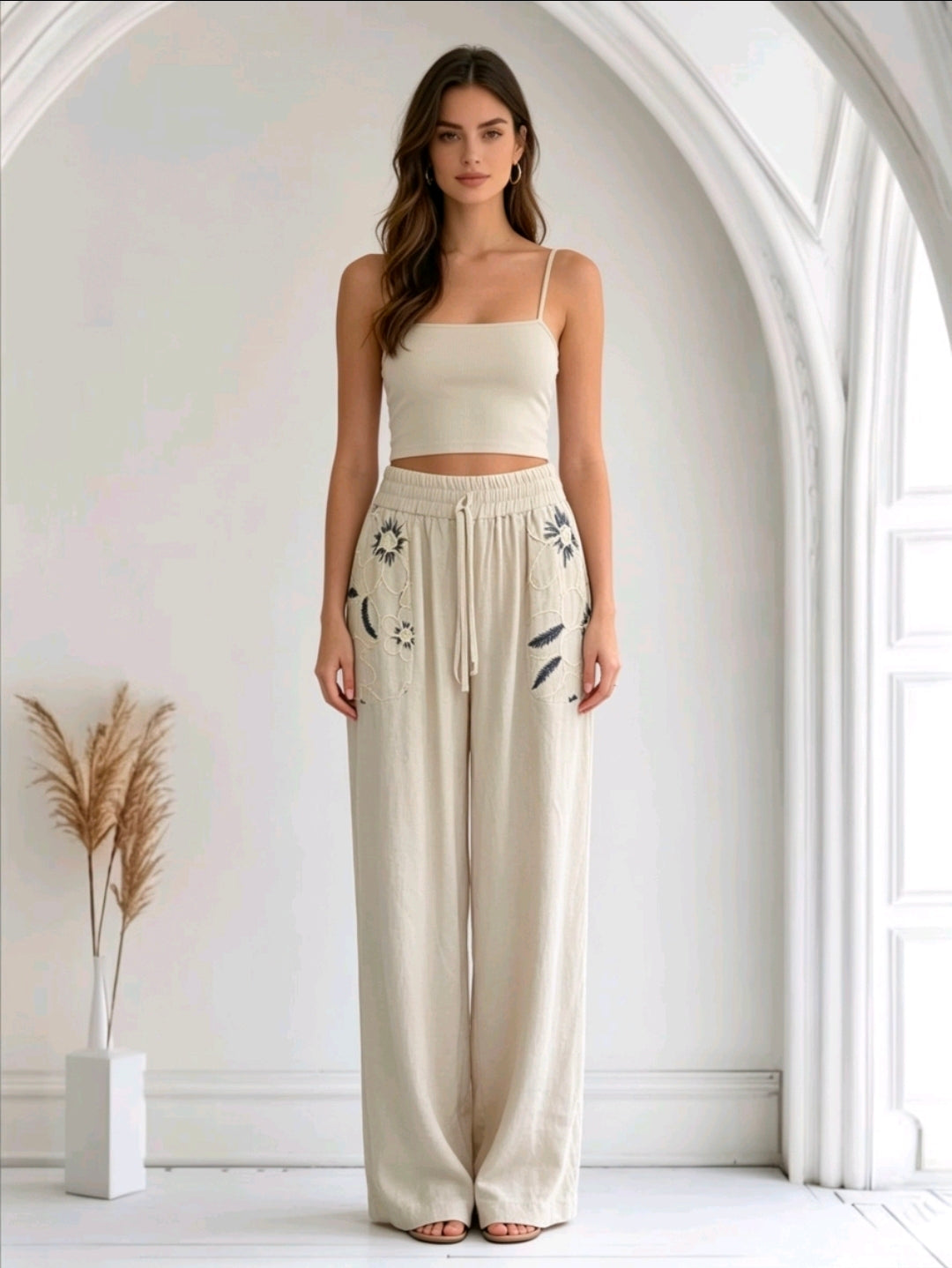 Women's Beige Linen Trousers With Blue Detailing One Size 8 To 16