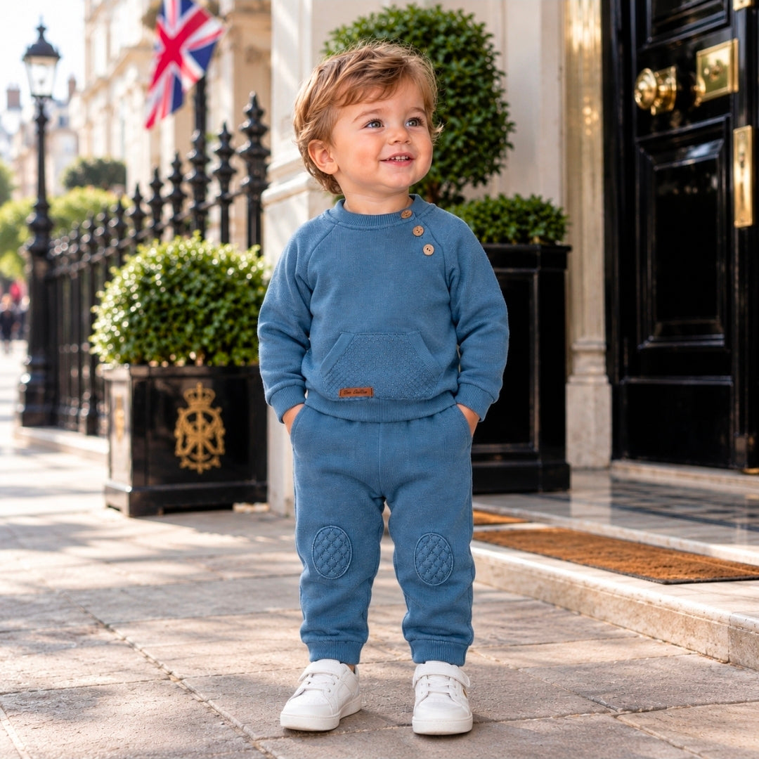 Baby Boys Track Suit With Button & Patch Detail- Slate Blue
