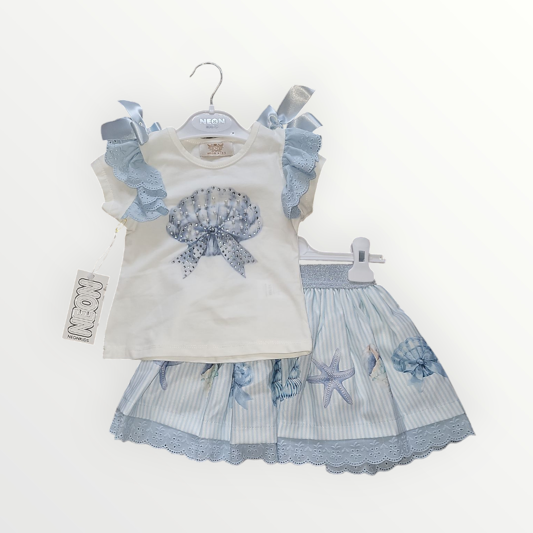 Girl's T-Shirt And Skirt Set- Shell & Starfish Print With Diamante Detailing- Various Colours