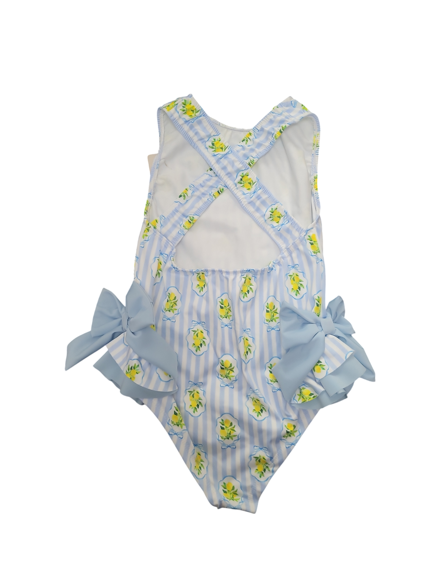 Girls Italian Styled Swimming Costume- Blue & White Stripes- Lemons- Blue Bows