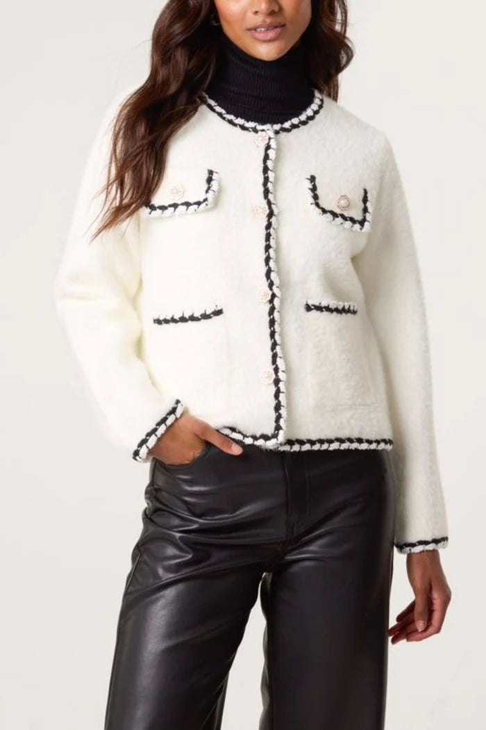 Women's Pearl Button Contrast Trim Knit Cardigan