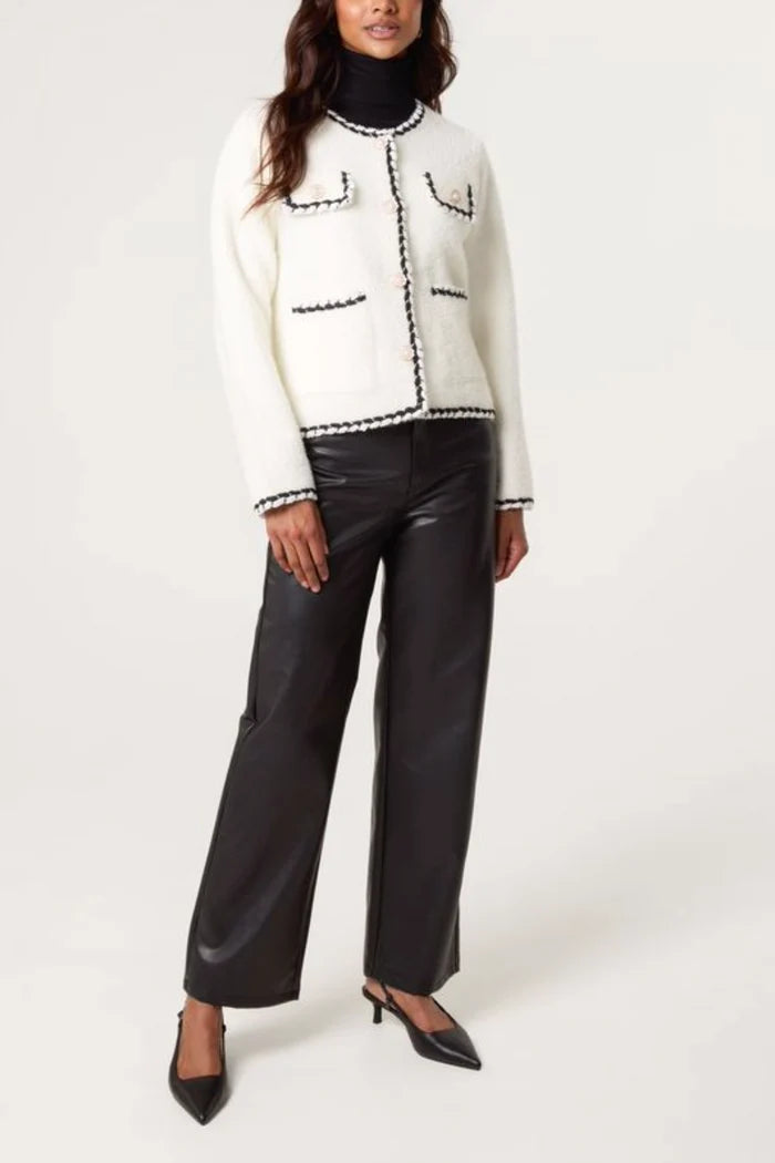 Women's Pearl Button Contrast Trim Knit Cardigan