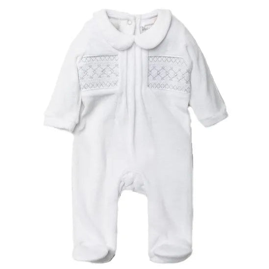 Baby Velour Smocking Detail Sleepsuit- Ivory White