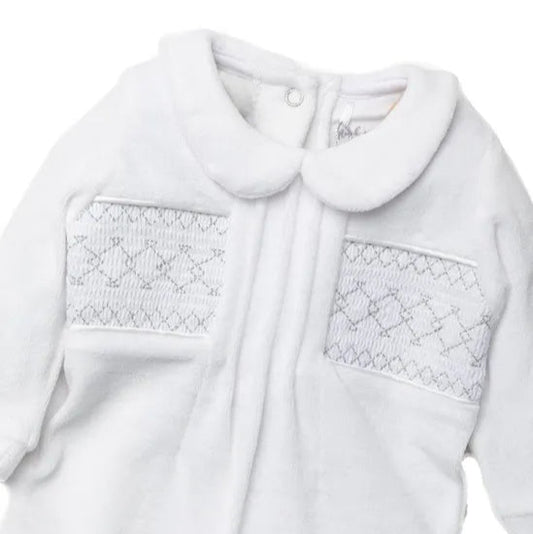 Baby Velour Smocking Detail Sleepsuit- Ivory White