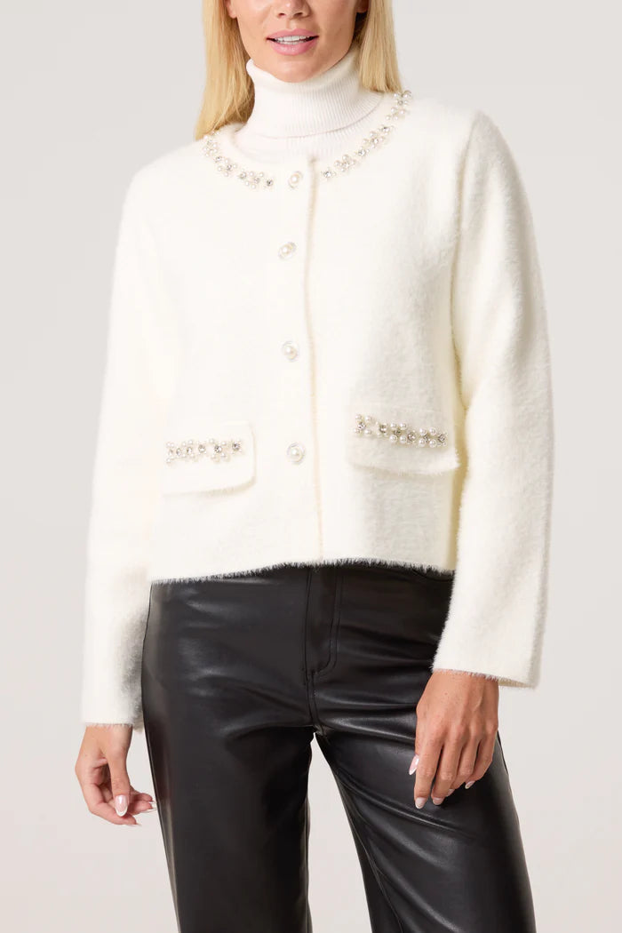 Women's Cream Diamante Embellished Cardigan