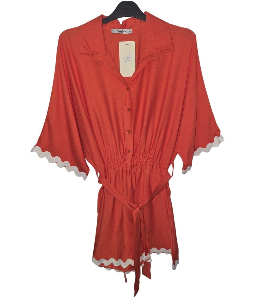 Women's Orange And White French Lapel Front Buttoned Tie Waist Trim Detail Playsuit.
