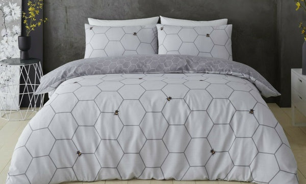 Bee Gray And White Double Size Bedding Set