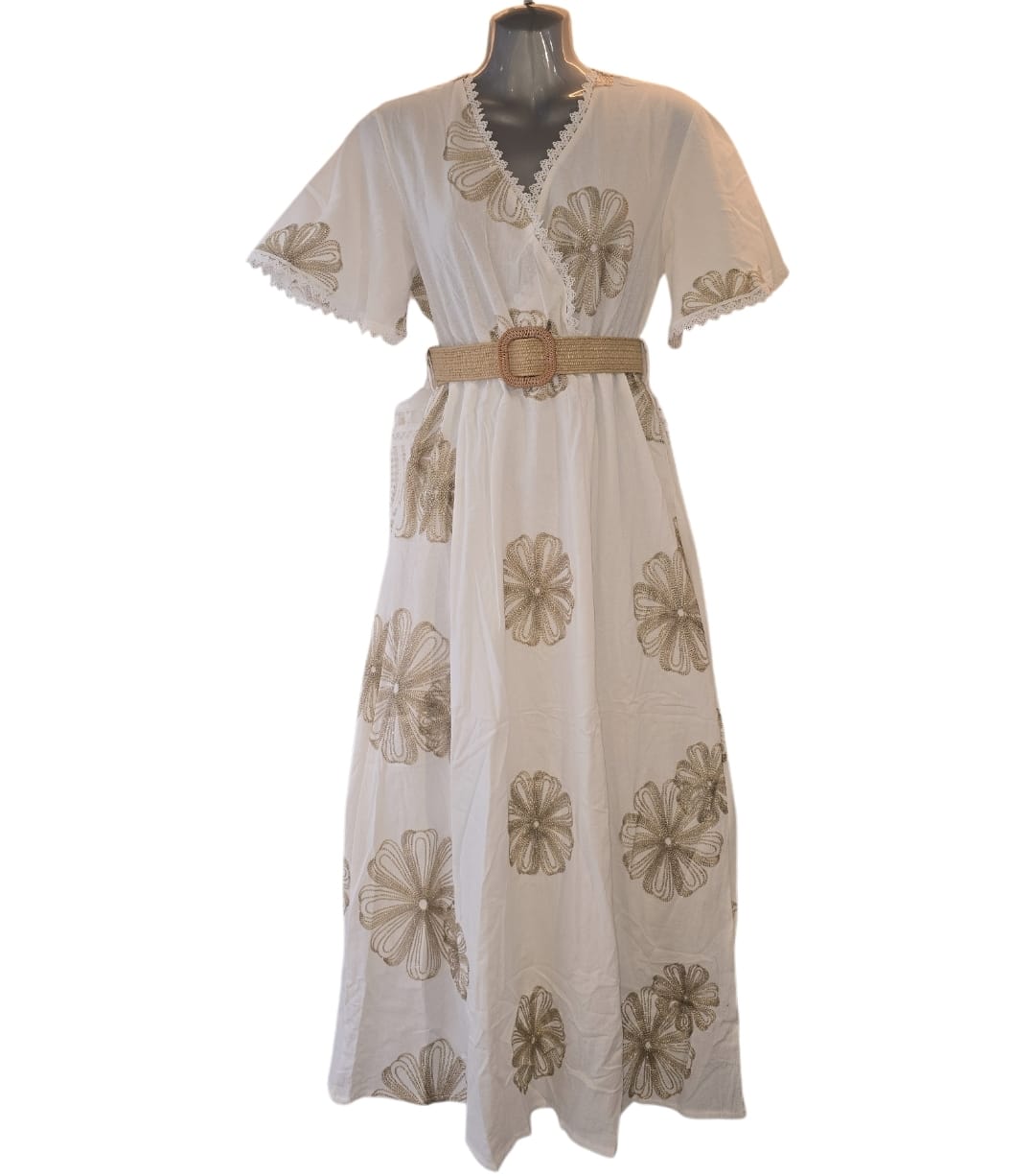 Women's Boho White Dress With Gold Flower Embroidered