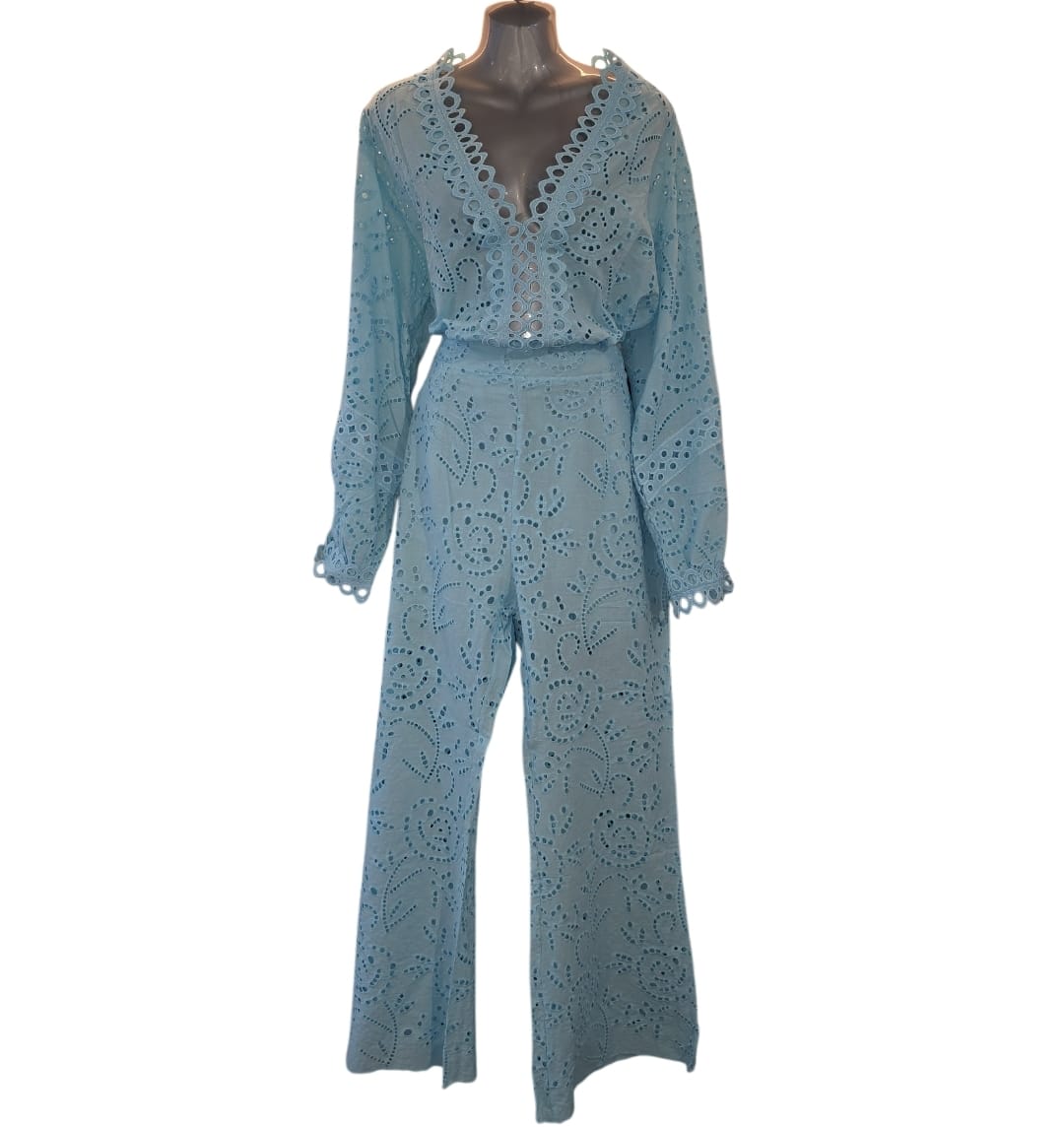 Women's Broderie Anglaise 2 Piece Trouser set Sky Blue