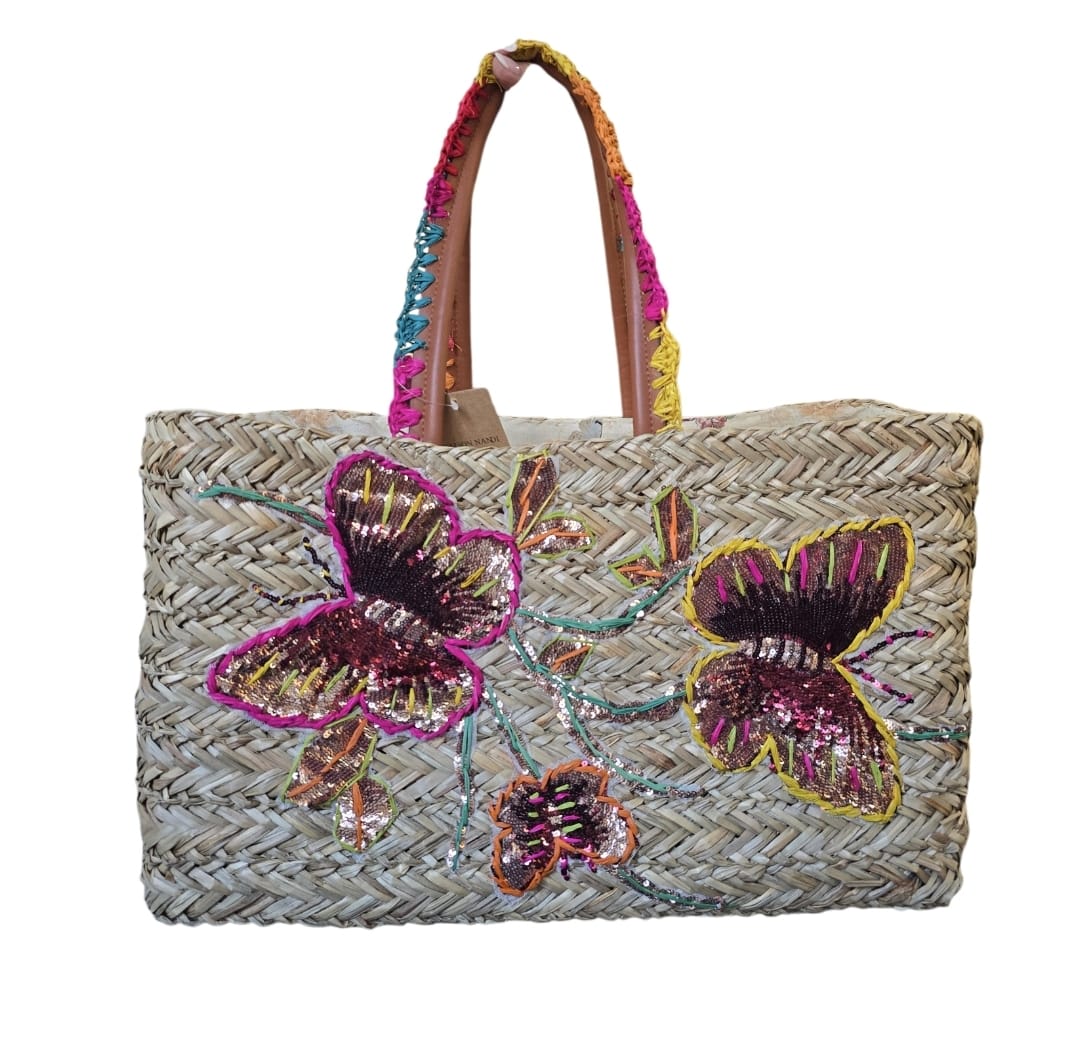 Women's Raffia Embroider Butterfly Beach Bag With Multi-Colour Handle Large
