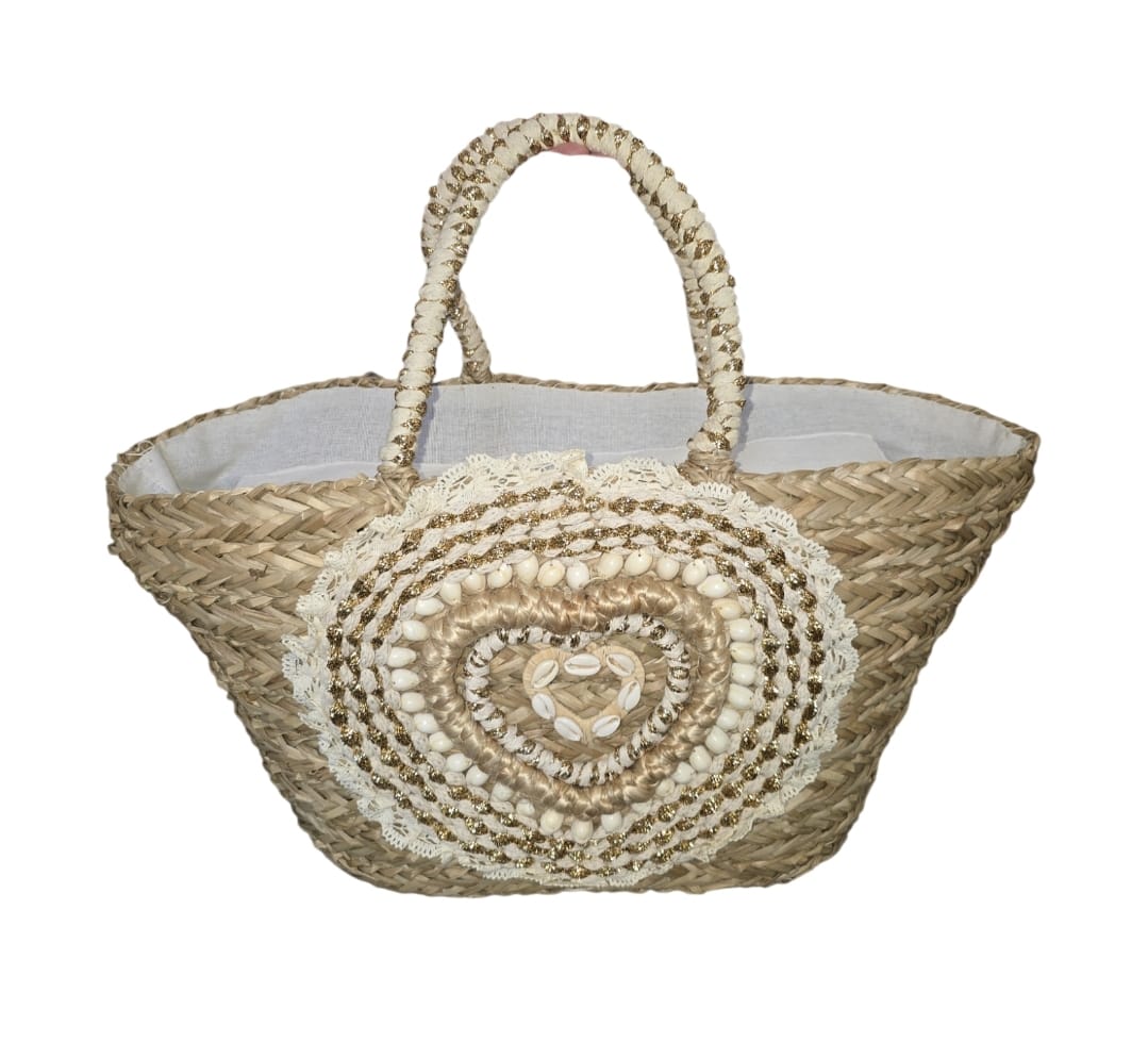 Women's Raffia Beach Bag With Lace And Sea Shells With Gold Embroidery Heart