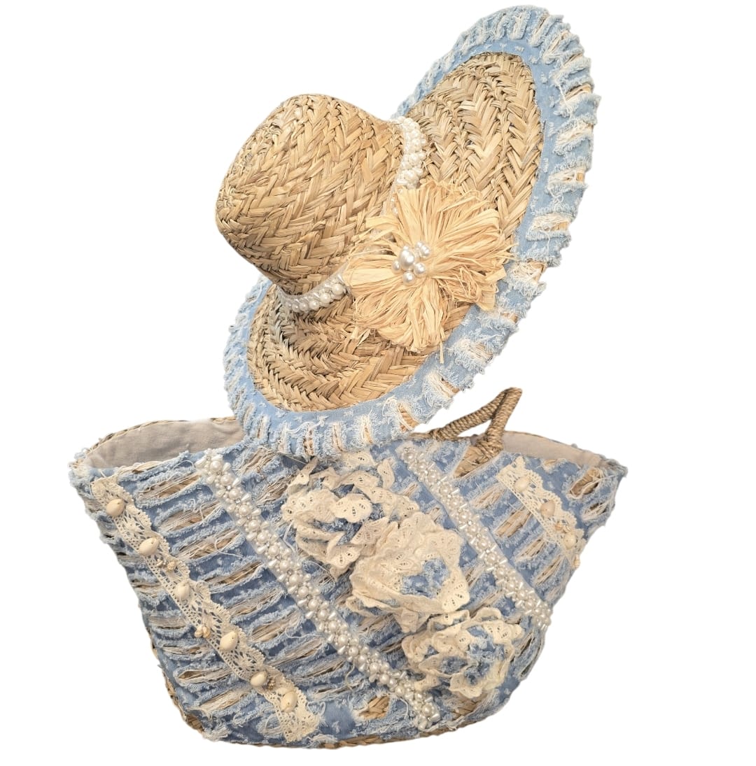 Women's Raffia And Denim Beach Bag With Pearls And Sea Shells