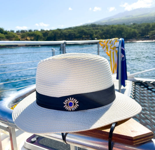 Women's Raffia Hat With Turkish Eye With Rhinestone