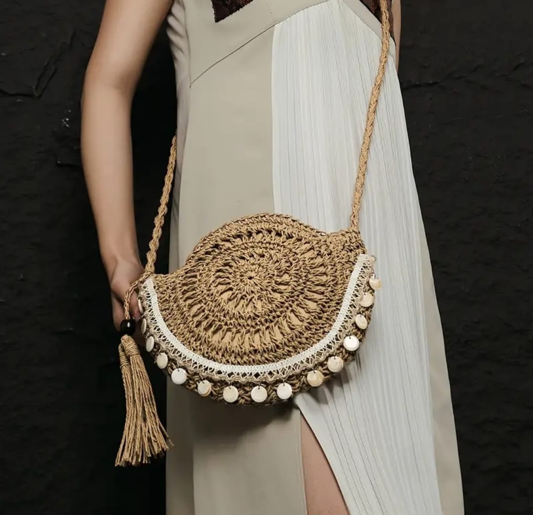 Women's Boho-Chic Shell Woven Crossbody Bag