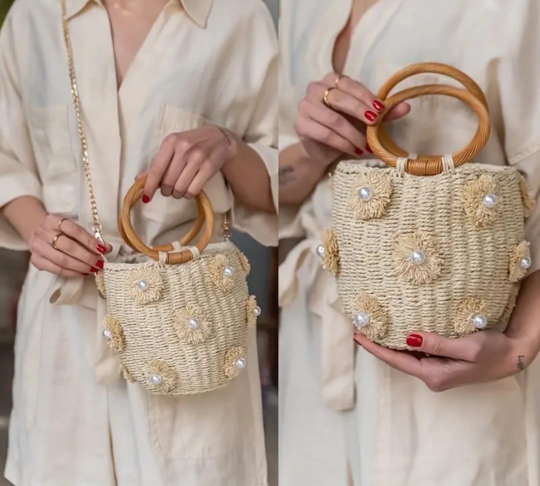 Womens Tote Bag, Strew Flower And Pearl With Bamboo Style Handle