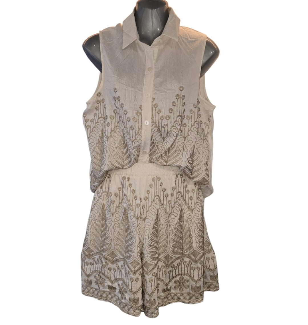 Women's Boho 2 Piece Cream and gold shorts and shirt