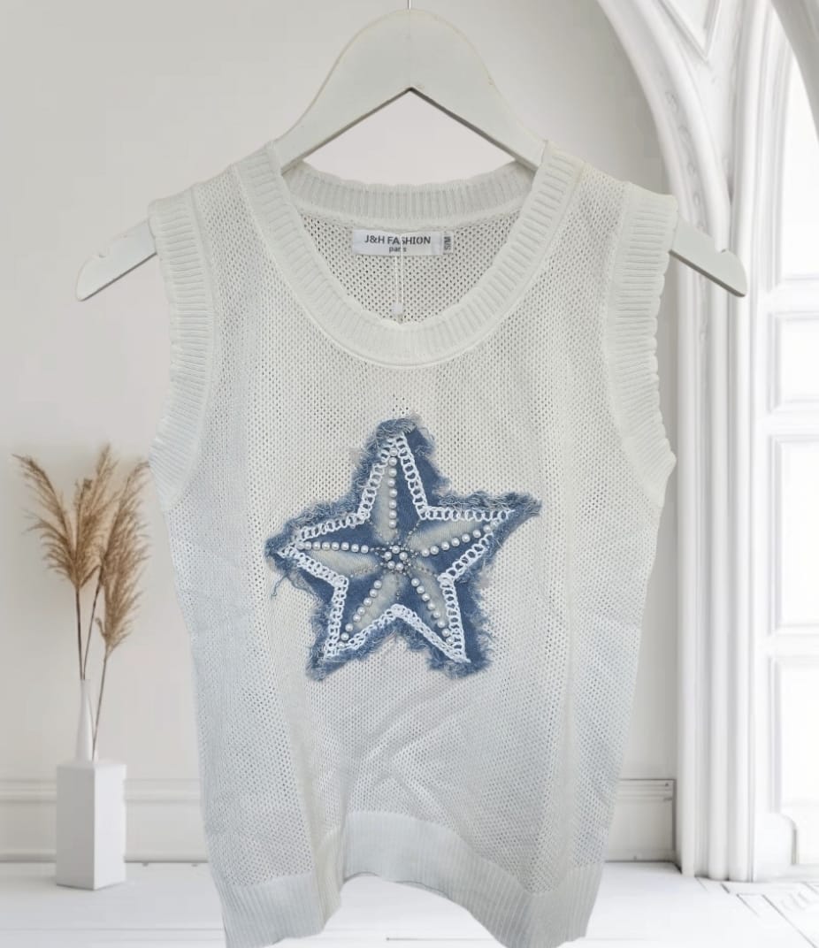 Women's White Denim Star Vest Top