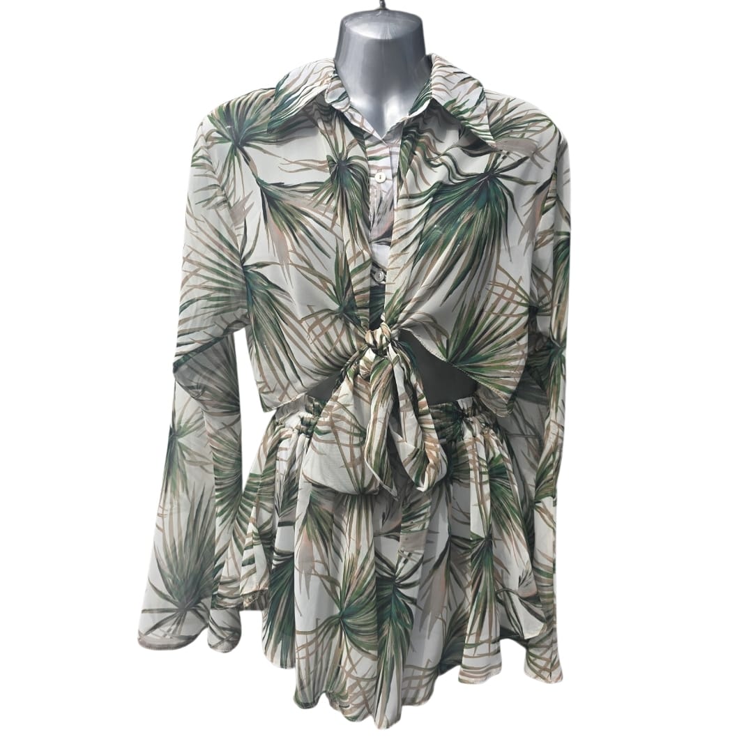Women's Shorts and Shirt Set Leaf Pattern Two Piece Summer Outfit