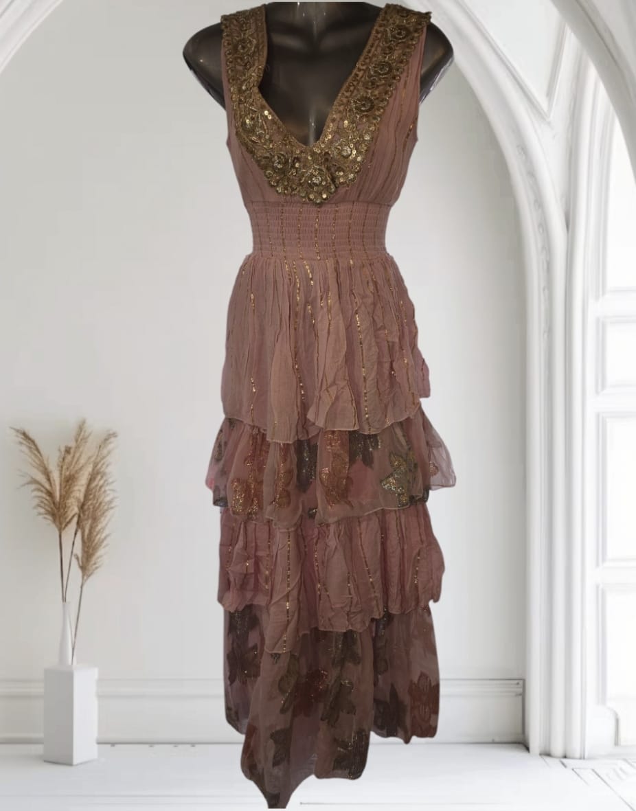 Women's Long Layered Boho Dress With Gold Embellishment.