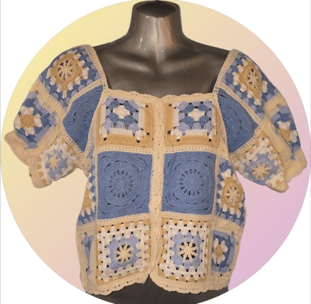 Women's Crochet Sky Blue And Beige Cardigan.