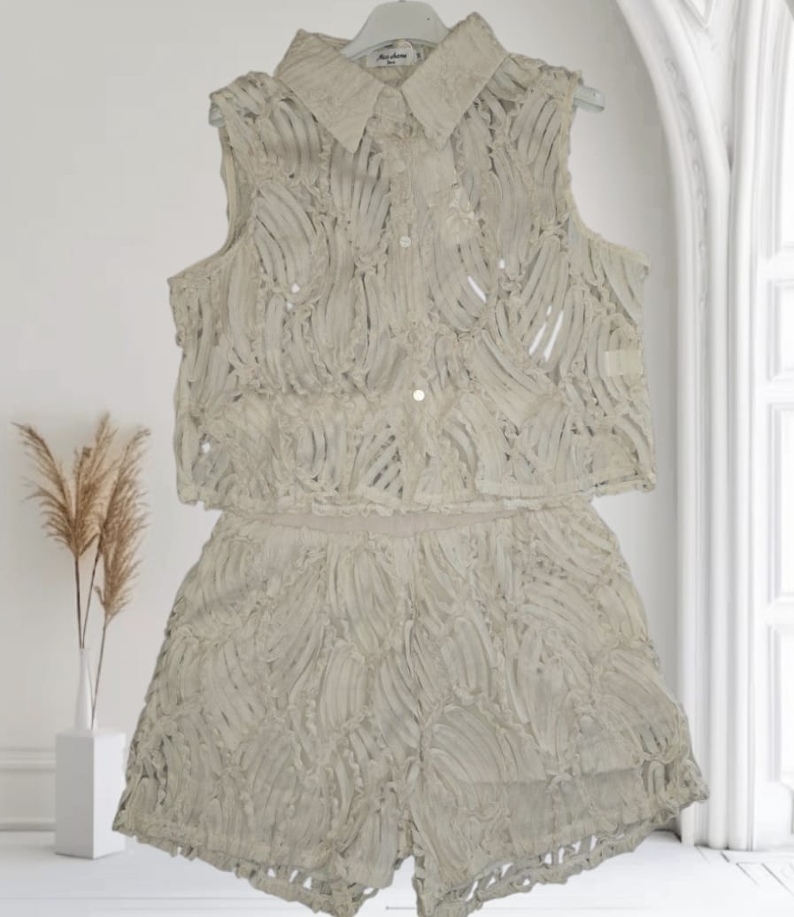Women's Beige Lace Two Piece Shorts And Sleeveless Shirt