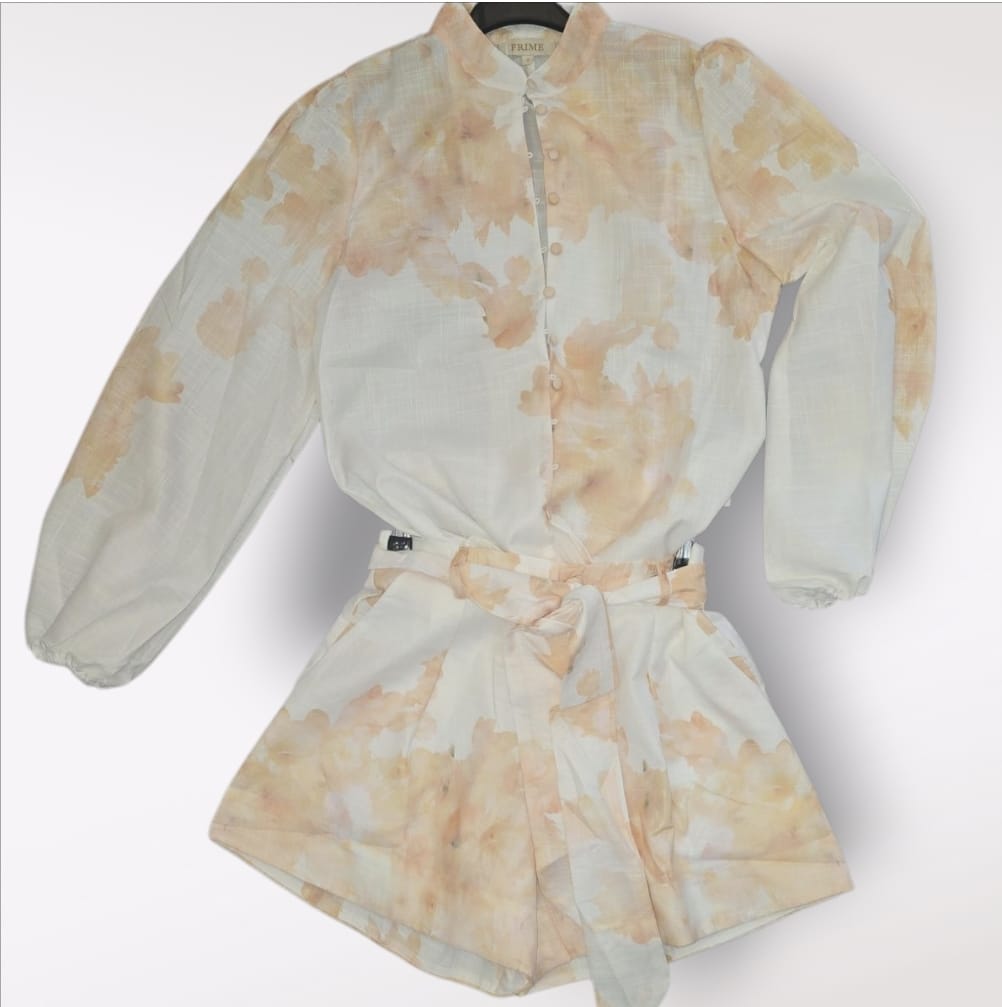 Women's Peach Floral Print Shorts With Tie And Shirt.