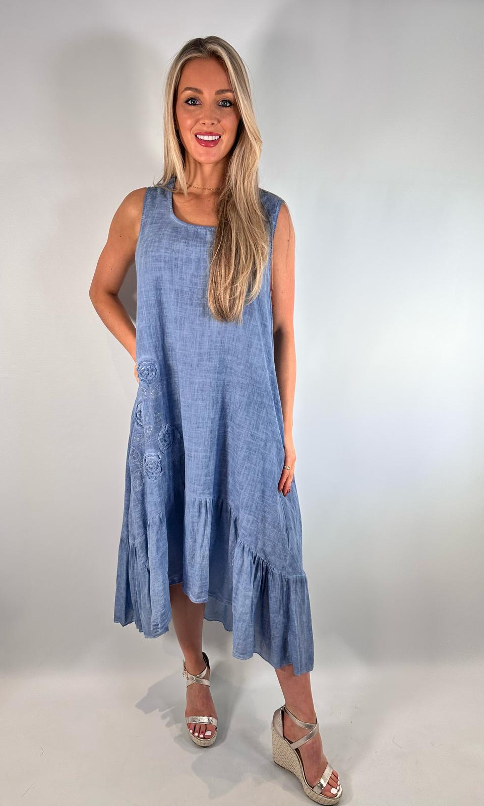 Women's Linen Oversize Dress With Flower Detail.