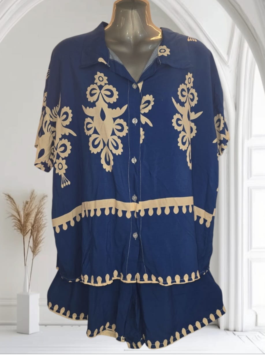 Women's Blue And Cream Pattern Top And Shorts
