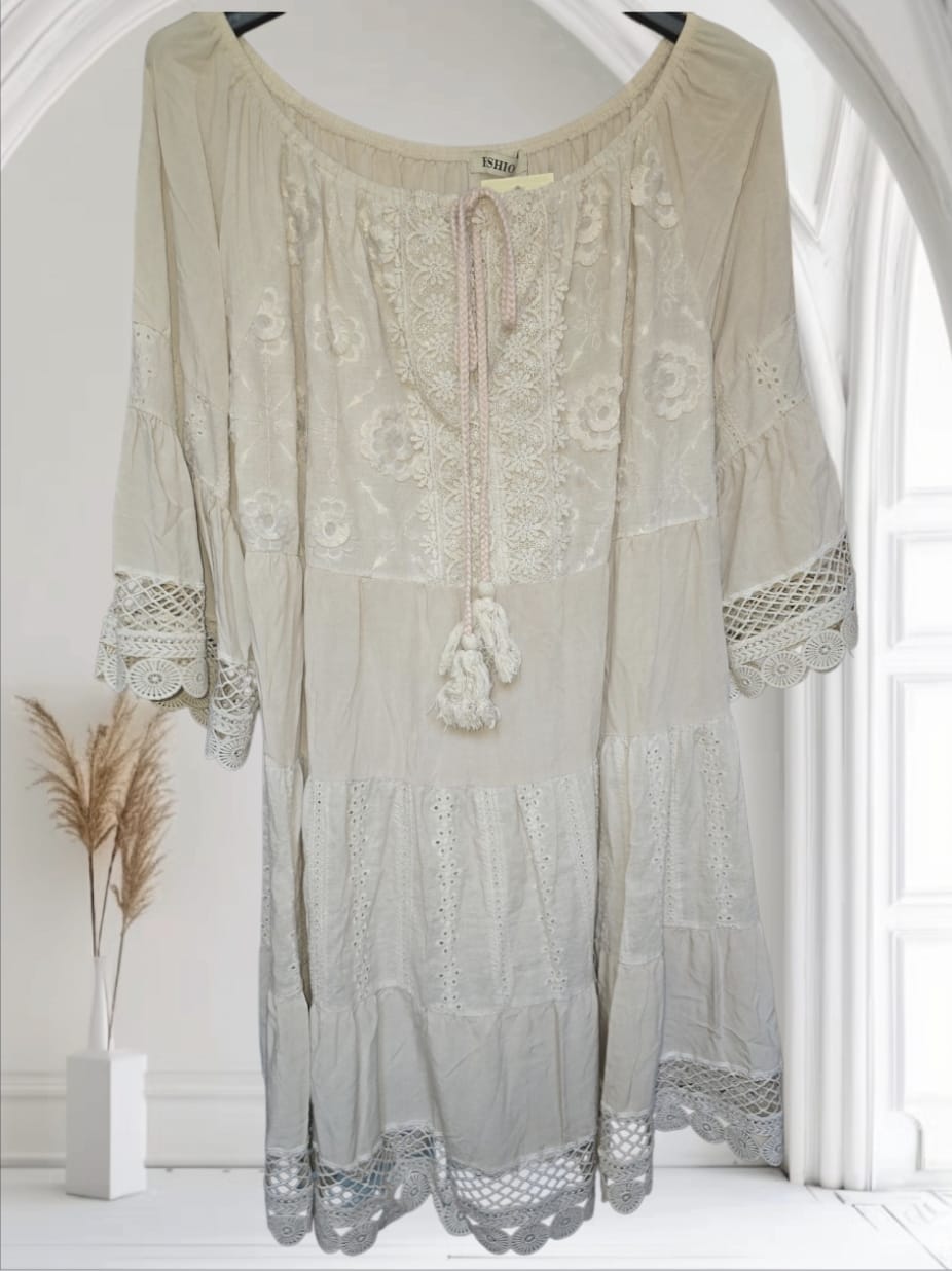 Women's Beige Crochet Boho Dress