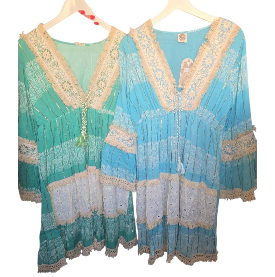 Women's Boho Dress Bright Colour With Beige Detailing And Gold Lines