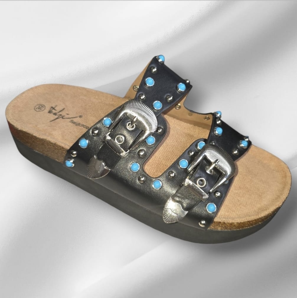 Womens Black Platform Slider With Blue And Silver Studs.