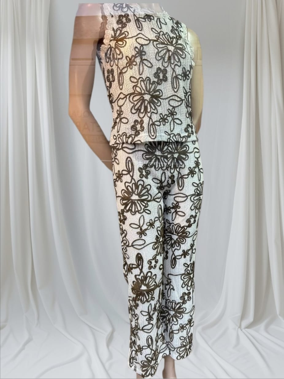 Women's Beige Top And Trousers With Brown Flower Embroidery
