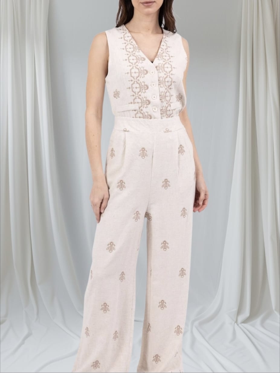Women's Linen Vest and Trousers Set With Embroidery Beige