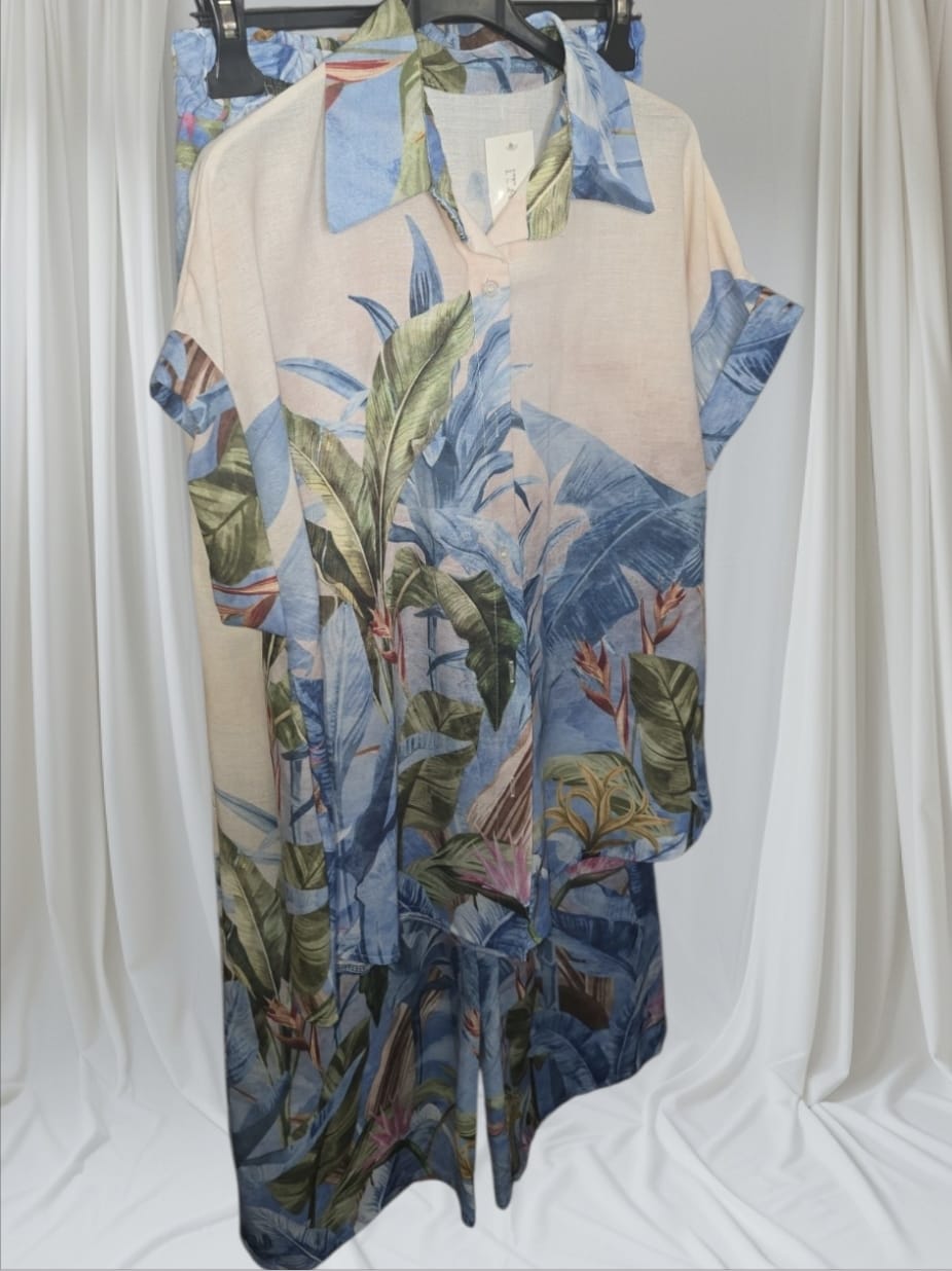 Women's Linen Flower Shirt And Trousers